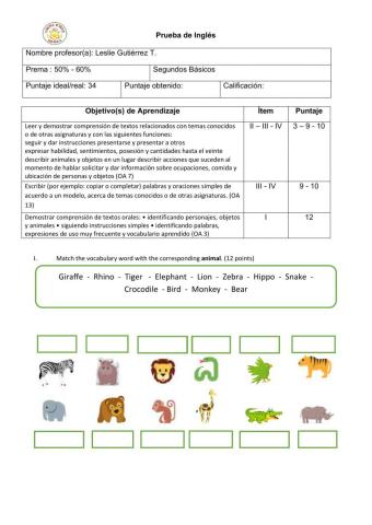 English Test 2nd grade