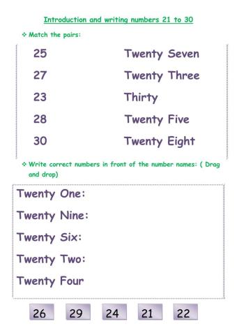 Introducing and writing numbers 21 to 30
