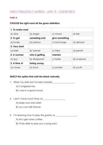 High frequency words - Unit 5