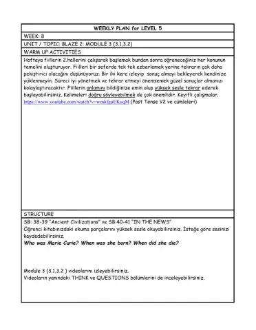 Level 5 weekly plan 8