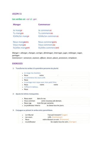 LEÇON 11 : Les verbes en -cer et -ger.