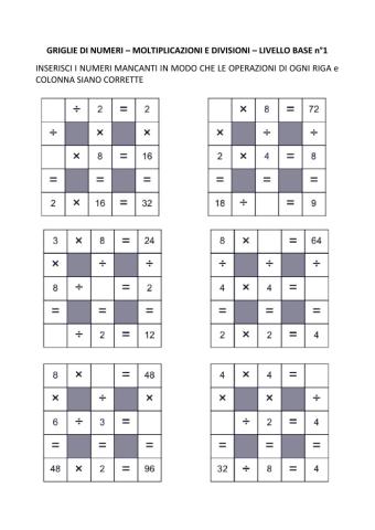 Griglie di numeri - Moltiplicazioni e Divisioni - Livello base n°1