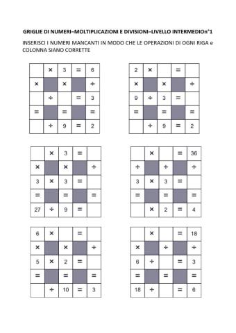 Griglie di numeri - Moltiplicazioni e Divisioni - Livello intermedio n°1