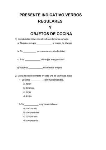 Presente indicativo verbos regulares y objetos de cocina