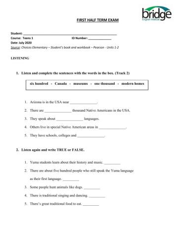 First half term exam Teens 1