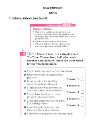 IGCSE 2 Language Homework July 6th