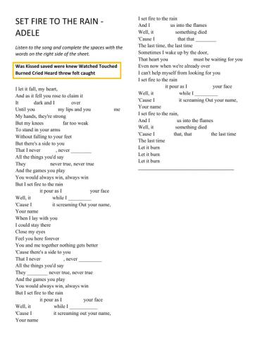 Set Fire to the Rain by Adele - Irregular verbs in Past Simple