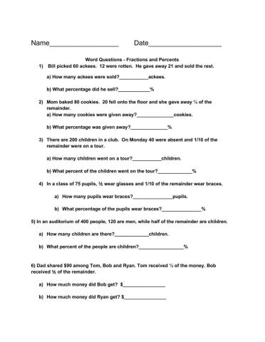 Word Questions- Fractions and Percentages