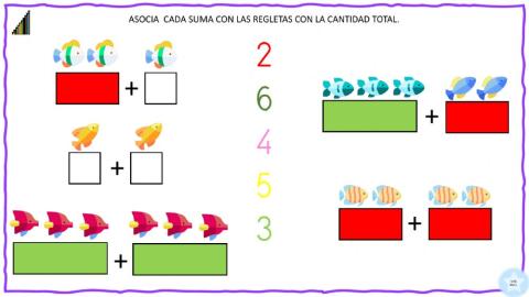 Asocia  cada suma con las regletas con la cantidad total.