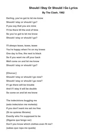 ShouId I Stay or Should I Go - Cloze Activity