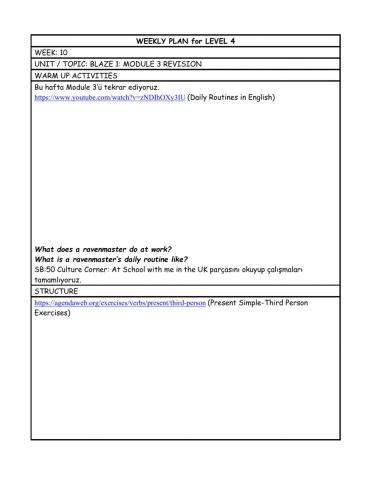 Level 4 weekly plan 10