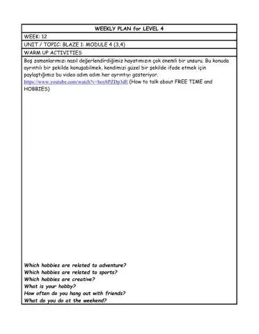 Level 4 weekly plan 12