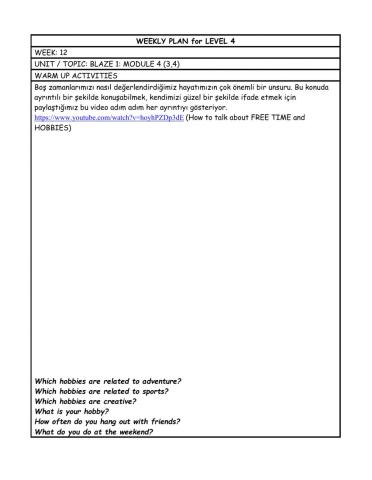 Level 4 weekly plan 12