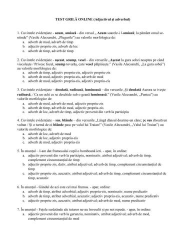 Adverbul - Adjectivul - Test grilă