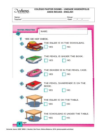 Prepositions and school objects