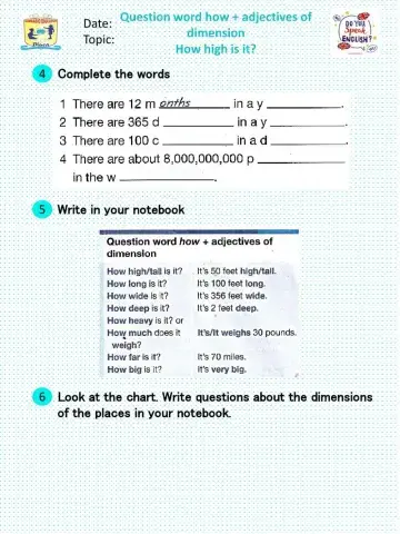 Question word how adjectives of dimension 2