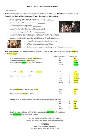 Year 9 - Set 8 - Revision - Past Simple