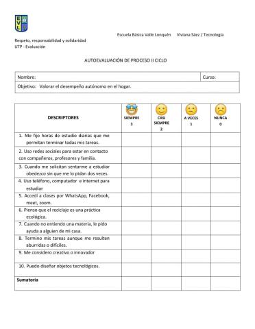 Autoevaluación segundo ciclo Tecnología