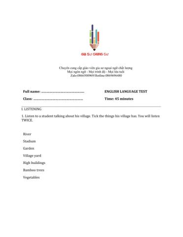 Lớp 6 - Kiểm tra 45 phút số 2 (Unit 4, 5)