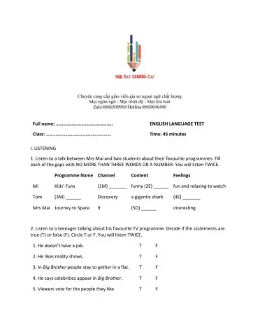 Lớp 6 - Kiểm tra 45 phút số 3 (Unit 7, 8, 9)