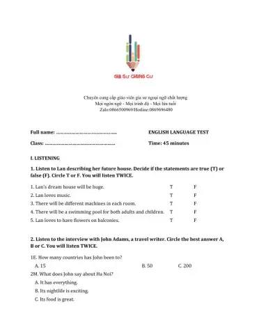 Lớp 6 - Kiểm tra 45 phút số 4 (Unit 9, 10)