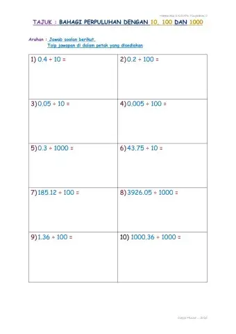 Bahagi Perpuluhan dengan 10, 100 dan 1000