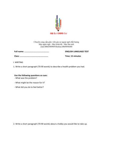 Lớp 7 - Unit 2 HEALTH - WRITING