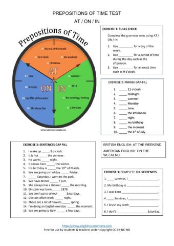 Prepositions of Time AT - ON - IN