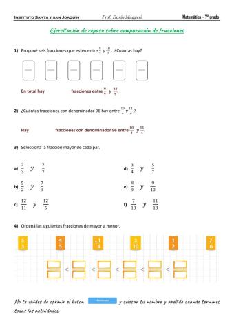 Práctica comparación y orden de fracciones