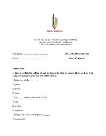 Lớp 7 - Kiểm tra 45 phút số 2 (Unit 4, 5)