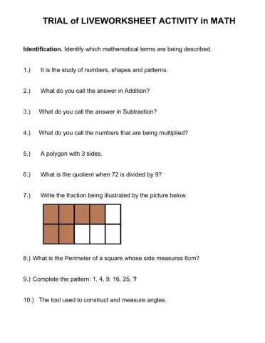 Trial for LiveWorksheet Activity in Math