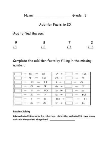 Addition Facts to 20