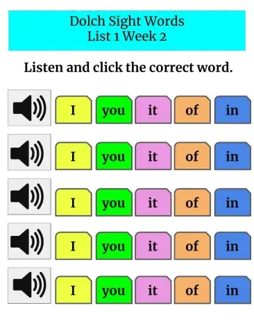Sight Words List 1 Week 2 Word Recognition