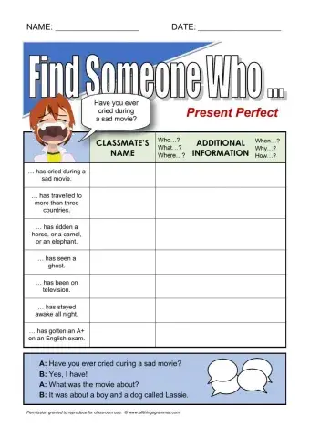 Find someone who... (Present perfect)