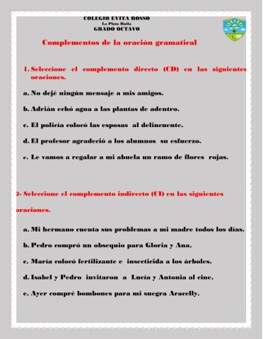 Complementos de la oración gramatical.