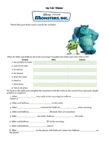 Monsters Inc. Simple Present Practice