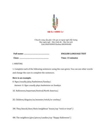 Lớp 7 - Unit 9 FESTIVALS AROUND THE WORLD-WRITING -