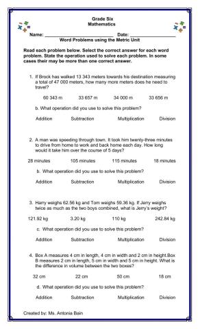 Word Problems using Metric Units