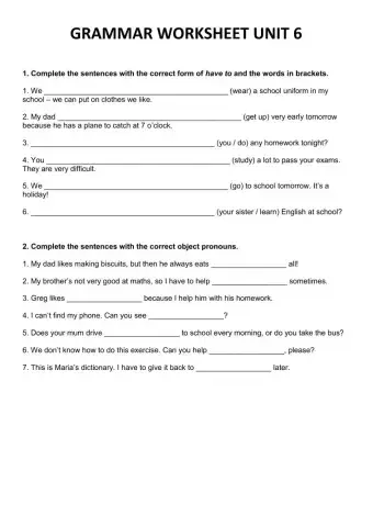 Grammar Worksheet Unit 6