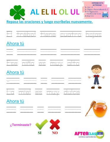 Ejercita escritura AL EL IL OL UL 