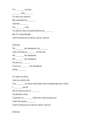 Queen - We are the champions song worksheet
