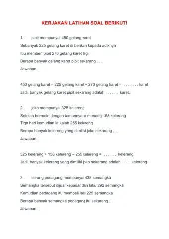 Latihan soal cerita penjumlaham dan pengurangan sesi 1