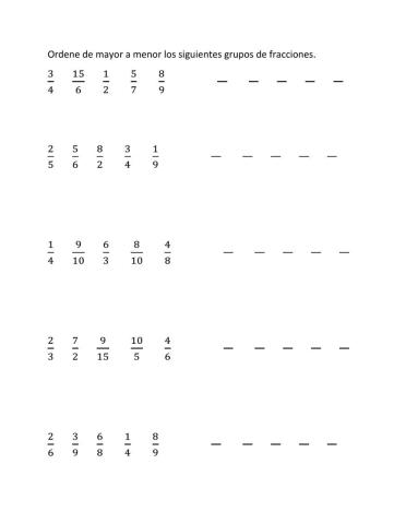 Comparación entre fracciones distinto numerador y denominador