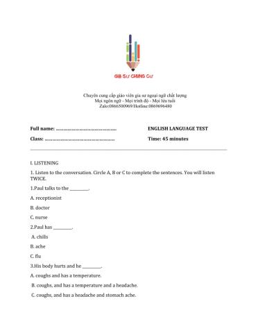 Lớp 7 - Kiểm tra 45 phút số 1 (Unit 1, 2)