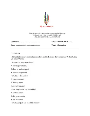 Lớp 7 - Kiểm tra 45 phút số 1 (Unit 1, 2, 3)