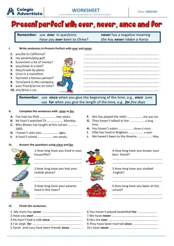 Present perfect with ever, nerver, since, for