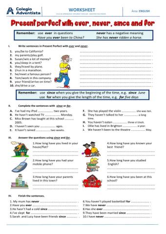 Present perfect with ever, nerver, since, for