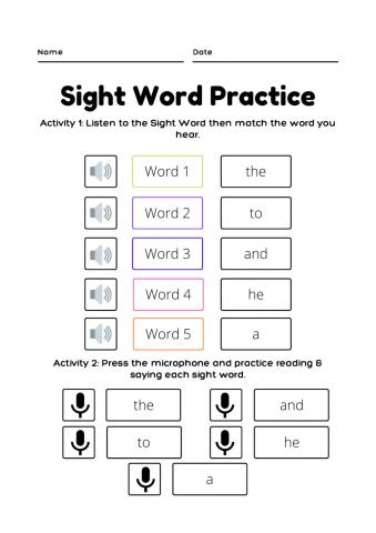 Sight Word Practice List 1 Week 1