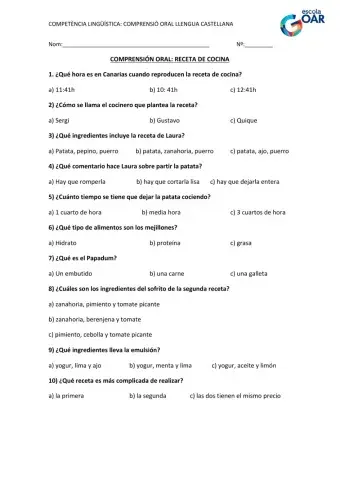 Comprensión oral: recetas de cocina