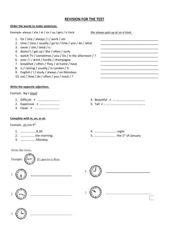Revision of Adverbs of frequency, the Time, Prepositions of time and adjectives